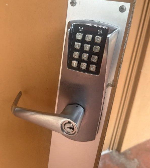 Keypad entry lock installed on a Jacksonville business door